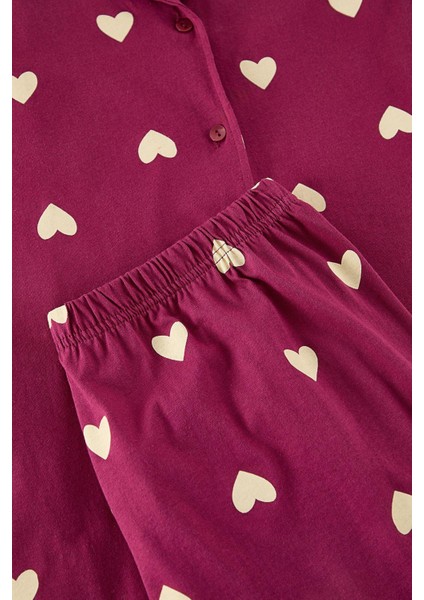 Kadın Moda Şık Büyük Beden Gömlek Yaka Geniş Paça Uzun Kol Vişne Kalpli Örme Pijama Takımı modelleri