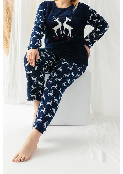 Kadın Moda Şık Büyük Beden Bisiklet Yaka Boru Paça Uzun Kol Christmas Desenli Örme Pijama Takımı
