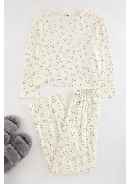 Kadın Moda Şık Bisiklet Yaka Geniş Paça Uzun Kol Pamuklu Ayıcık Desenli Örme Pijama Takımı