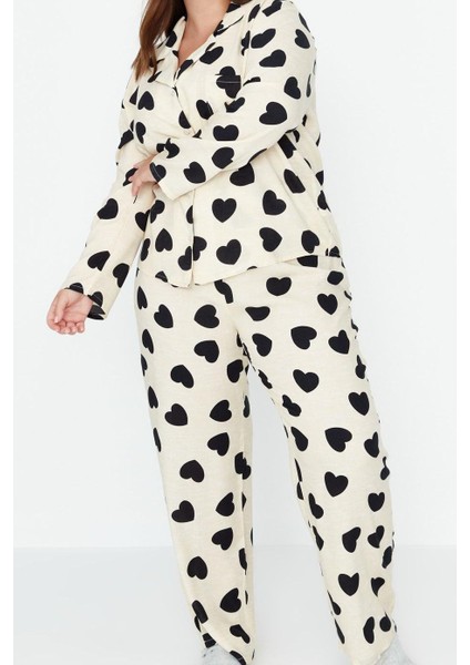 Kadın Moda Şık Büyük Beden Gömlek Yaka Boru Paça Uzun Kol Kalpli Dokuma Pijama Takımı modelleri