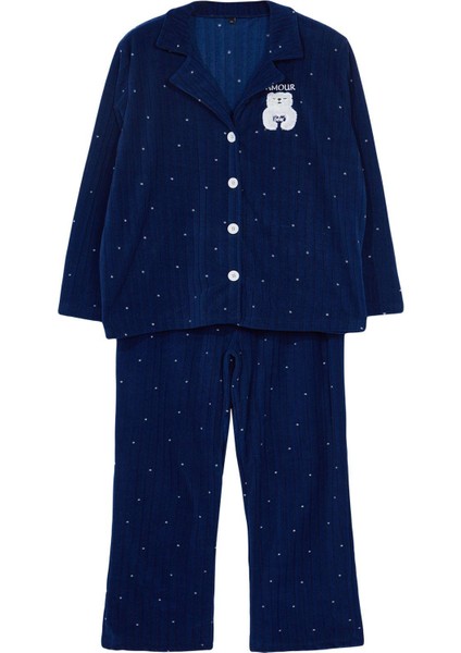 Kadın Moda Şık Büyük Beden Gömlek Yaka Boru Paça Uzun Kol Puantiyeli Örme Pijama Takımı