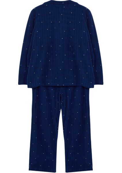 Kadın Moda Şık Büyük Beden Gömlek Yaka Boru Paça Uzun Kol Puantiyeli Örme Pijama Takımı