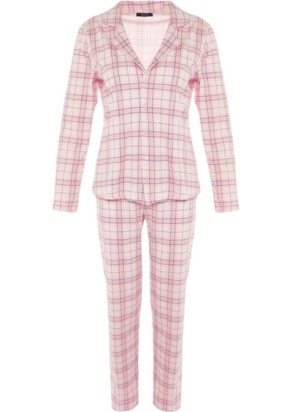 Kadın Moda Şık Gömlek Yaka Boru Paça Uzun Kol Pamuklu Ekoseli Örme Pijama Takımı