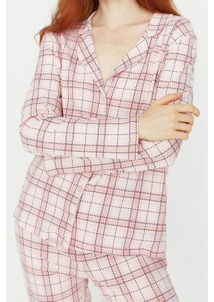 Kadın Moda Şık Gömlek Yaka Boru Paça Uzun Kol Pamuklu Ekoseli Örme Pijama Takımı fiyatları