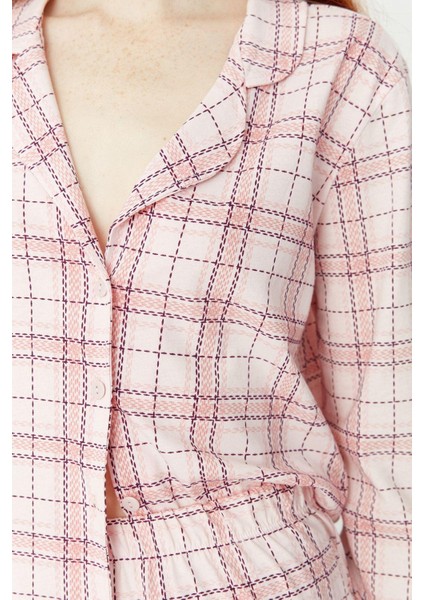 Kadın Moda Şık Gömlek Yaka Boru Paça Uzun Kol Pamuklu Ekoseli Örme Pijama Takımı fırsatları