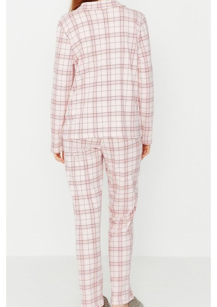 Kadın Moda Şık Gömlek Yaka Boru Paça Uzun Kol Pamuklu Ekoseli Örme Pijama Takımı indirimleri