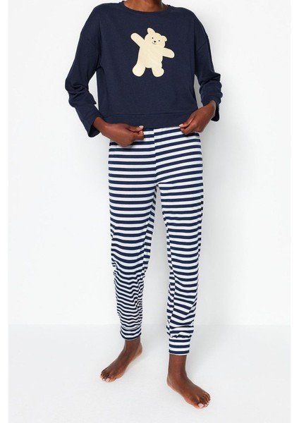 Kadın Moda Şık Bisiklet Yaka Lastikli Paça Uzun Kol Pamuklu Ayıcık Baskılı Örme Pijama Takımı