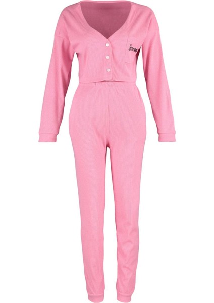 Kadın Moda Şık V Yaka Boru Paça Uzun Kol Fitilli Pamuklu Nakışlı Örme Pijama Takımı