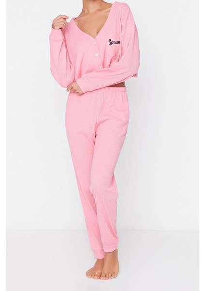 Kadın Moda Şık V Yaka Boru Paça Uzun Kol Fitilli Pamuklu Nakışlı Örme Pijama Takımı modelleri