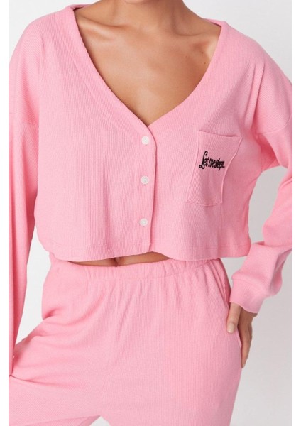 Kadın Moda Şık V Yaka Boru Paça Uzun Kol Fitilli Pamuklu Nakışlı Örme Pijama Takımı fırsatları