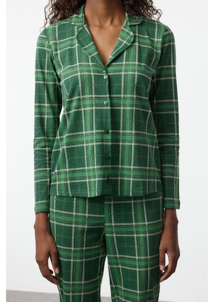Kadın Moda Şık Gömlek Yaka Boru Paça Uzun Kol Pamuklu Ekoseli Örme Pijama Takımı