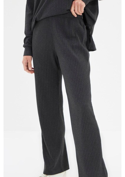 Kadın Moda Şık Kapüşonlu Boru Paça Uzun Kol Pamuklu Fitilli Örme Pijama Takımı