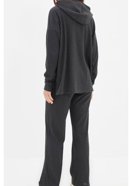 Kadın Moda Şık Kapüşonlu Boru Paça Uzun Kol Pamuklu Fitilli Örme Pijama Takımı