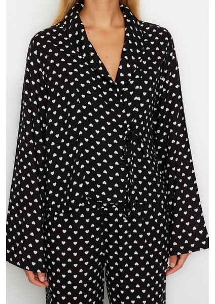 Kadın Moda Şık V Yaka Boru Paça Uzun Kol Kalp Desenli Bağlama Detaylı Viskon Dokuma Pijama Takımı fırsatları