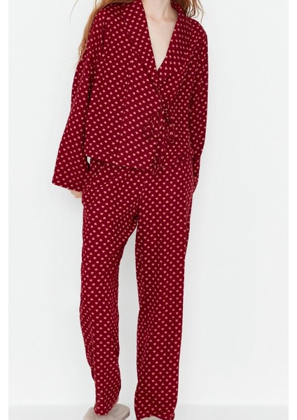 Kadın Moda Şık V Yaka Boru Paça Uzun Kol Kalp Desenli Bağlama Detaylı Viskon Dokuma Pijama Takımı indirimleri