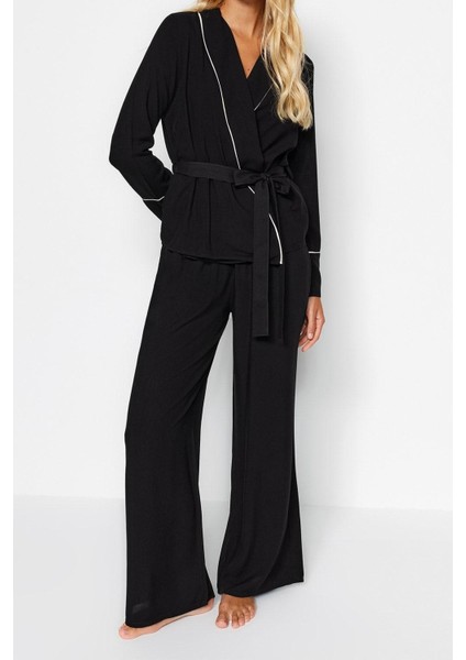 Kadın Moda Şık Kruvaze Boru Paça Uzun Kol Kuşaklı Biyeli Viskon Dokuma Pijama Takımı