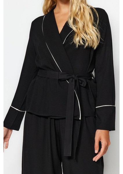 Kadın Moda Şık Kruvaze Boru Paça Uzun Kol Kuşaklı Biyeli Viskon Dokuma Pijama Takımı fiyatları