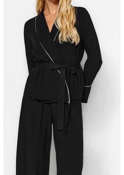 Kadın Moda Şık Kruvaze Boru Paça Uzun Kol Kuşaklı Biyeli Viskon Dokuma Pijama Takımı modelleri