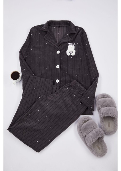 Kadın Moda Gömlek Yaka Boru Paça Uzun Kol Puantiyeli Hayvan Baskılı Polar Kışlık Örme Pijama Takımı