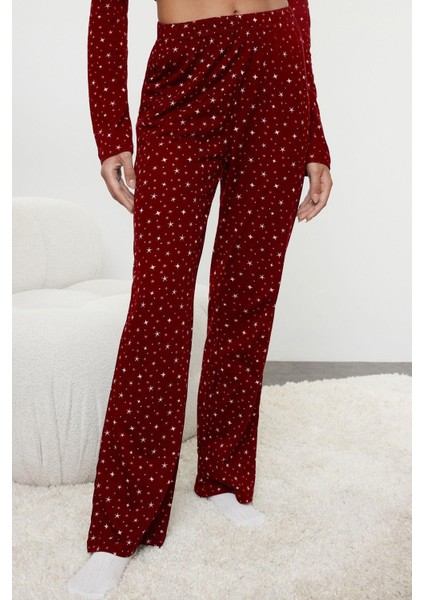 Kadın Moda Şık Gömlek Yaka Geniş Paça Uzun Kol Pamuklu Galaksi Desenli Örme Pijama Takımı