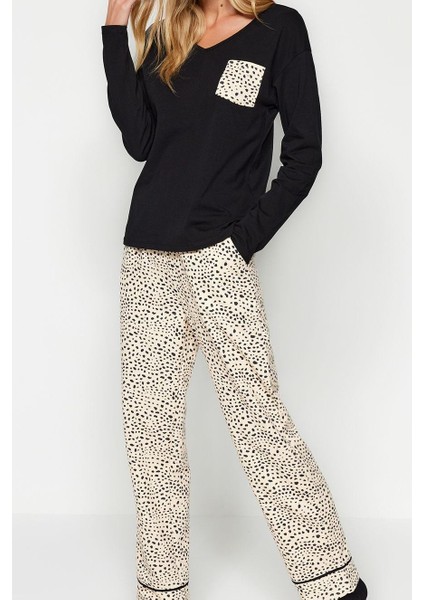 Kadın Moda V Yaka Boru Paça Uzun Kol %100 Pamuk Leopar Desenli Tshirt-Pantolon Örme Pijama Takımı modelleri