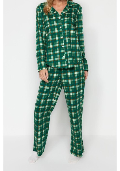 Kadın Moda Şık Gömlek Yaka Boru Paça Uzun Kol %100 Pamuk Ekoseli Gömlek-Pantolon Örme Pijama Takımı