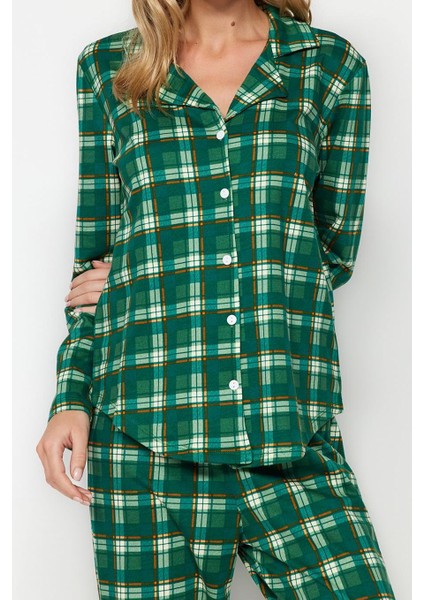 Kadın Moda Şık Gömlek Yaka Boru Paça Uzun Kol %100 Pamuk Ekoseli Gömlek-Pantolon Örme Pijama Takımı fiyatları