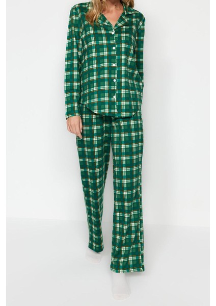 Kadın Moda Şık Gömlek Yaka Boru Paça Uzun Kol %100 Pamuk Ekoseli Gömlek-Pantolon Örme Pijama Takımı modelleri