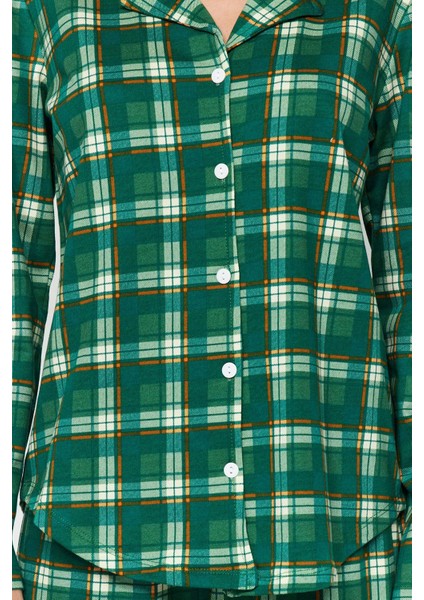 Kadın Moda Şık Gömlek Yaka Boru Paça Uzun Kol %100 Pamuk Ekoseli Gömlek-Pantolon Örme Pijama Takımı fırsatları