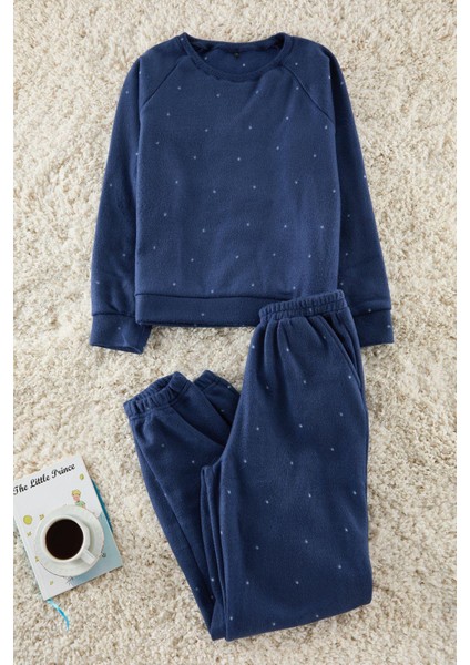 Kadın Moda Şık Bisiklet Yaka Boru Paça Uzun Kol Puantiyeli Polar Kışlık Örme Pijama Takımı