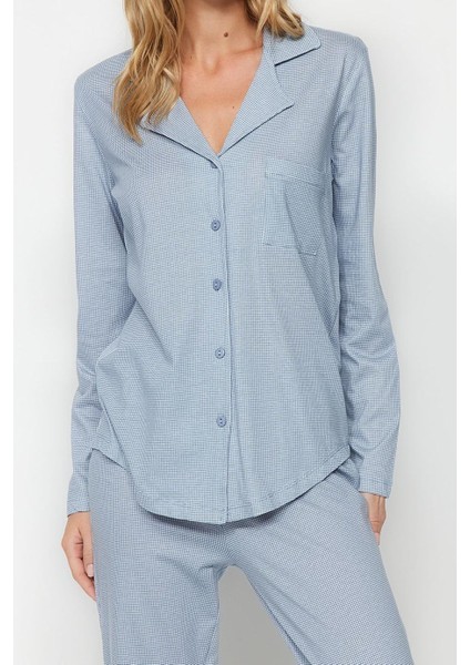 Kadın Moda Şık Gömlek Yaka Boru Paça Uzun Kol Pamuklu Pötikareli Örme Pijama Takımı modelleri
