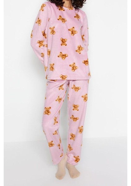 Kadın Moda Şık Bisiklet Yaka Boru Paça Uzun Kol Polar Ayıcık Desenli Kışlık Örme Pijama Takımı