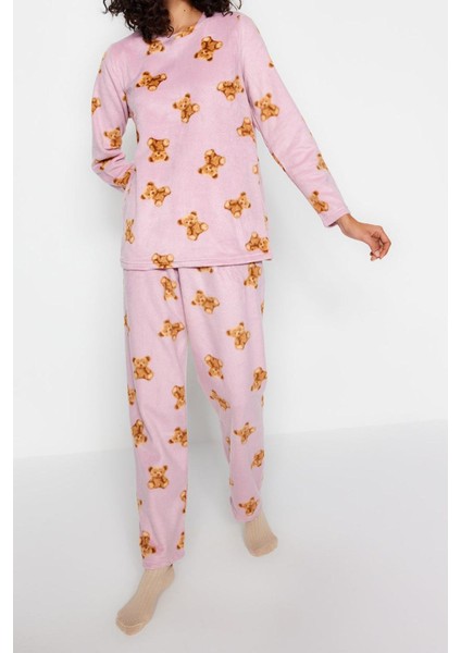 Kadın Moda Şık Bisiklet Yaka Boru Paça Uzun Kol Polar Ayıcık Desenli Kışlık Örme Pijama Takımı modelleri