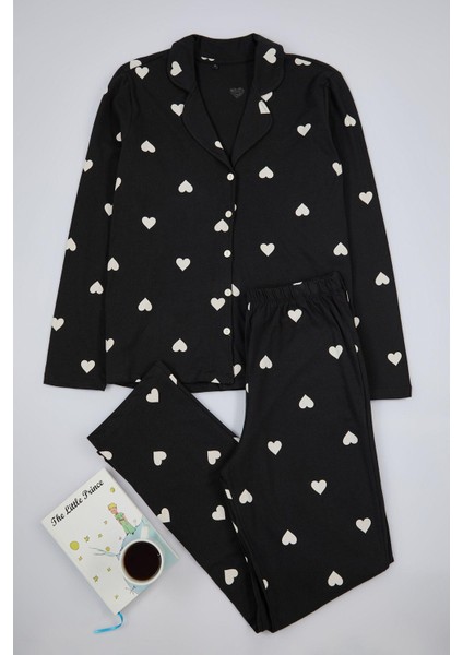 Kadın Moda Şık Ceket Yaka Boru Paça Uzun Kol Pamuklu Kalp Desenli Örme Pijama Takımı