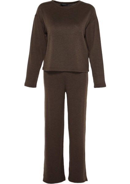 Kadın Moda Şık Bisiklet Yaka Geniş Paça Uzun Kol Fitilli Örme Pijama Takımı
