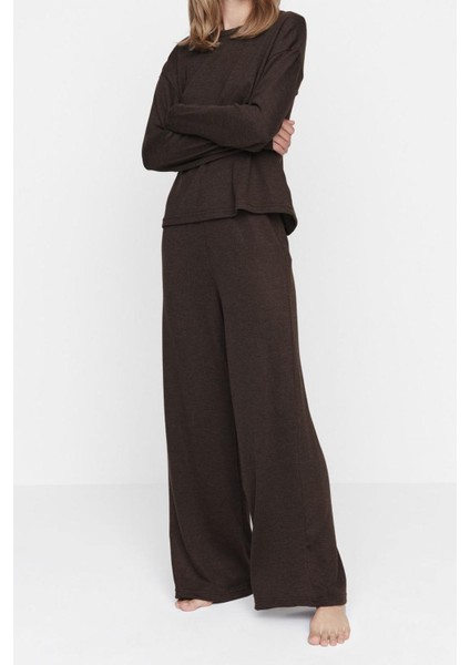 Kadın Moda Şık Bisiklet Yaka Geniş Paça Uzun Kol Fitilli Örme Pijama Takımı