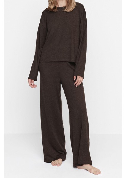 Kadın Moda Şık Bisiklet Yaka Geniş Paça Uzun Kol Fitilli Örme Pijama Takımı