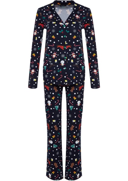 Kadın Moda Şık Gömlek Yaka Boru Paça Uzun Kol %100 Pamuklu Yılbaşı Temalı Örme Pijama Takımı
