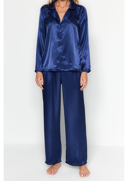 Kadın Moda Şık Gömlek Yaka Boru Paça Uzun Kol Lacivert Saten Gömlek-Pantolon Dokuma Pijama Takımı