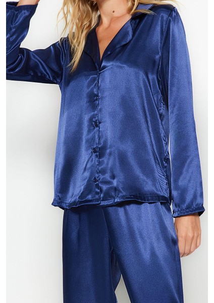 Kadın Moda Şık Gömlek Yaka Boru Paça Uzun Kol Lacivert Saten Gömlek-Pantolon Dokuma Pijama Takımı modelleri