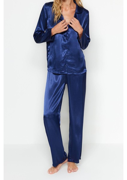 Kadın Moda Şık Gömlek Yaka Boru Paça Uzun Kol Lacivert Saten Gömlek-Pantolon Dokuma Pijama Takımı fırsatları