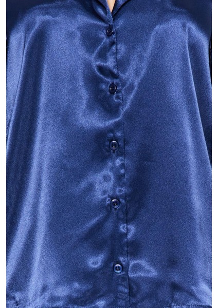Kadın Moda Şık Gömlek Yaka Boru Paça Uzun Kol Lacivert Saten Gömlek-Pantolon Dokuma Pijama Takımı indirimleri