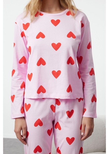 Kadın Moda Şık Bisiklet Yaka Boru Paça Uzun Kol Pamuklu Kalpli Örme Pijama Takımı