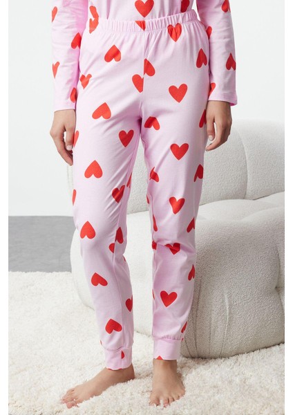 Kadın Moda Şık Bisiklet Yaka Boru Paça Uzun Kol Pamuklu Kalpli Örme Pijama Takımı