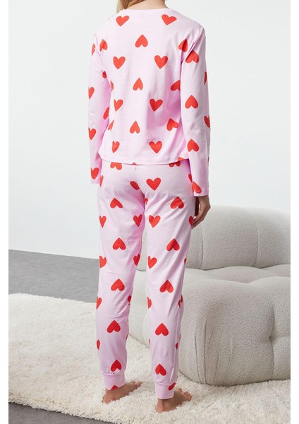 Kadın Moda Şık Bisiklet Yaka Boru Paça Uzun Kol Pamuklu Kalpli Örme Pijama Takımı