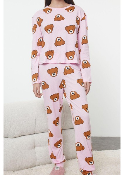 Kadın Moda Şık Bisiklet Yaka Boru Paça Uzun Kol Pamuklu Ayıcık Desenli Örme Pijama Takımı