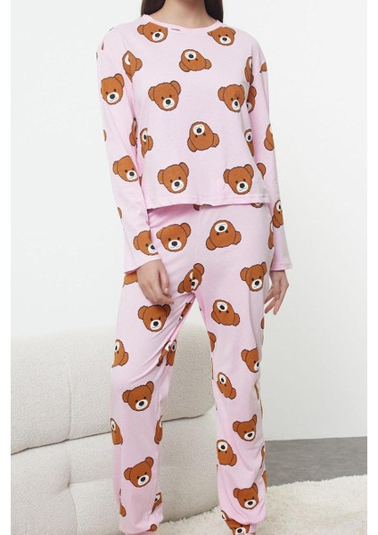 Kadın Moda Şık Bisiklet Yaka Boru Paça Uzun Kol Pamuklu Ayıcık Desenli Örme Pijama Takımı fiyatları