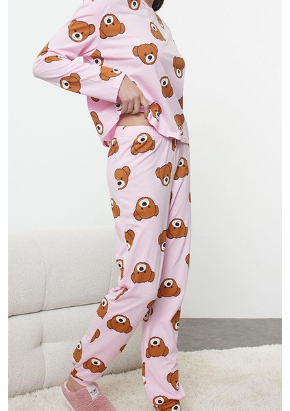 Kadın Moda Şık Bisiklet Yaka Boru Paça Uzun Kol Pamuklu Ayıcık Desenli Örme Pijama Takımı modelleri