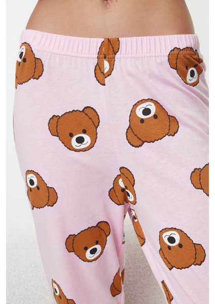 Kadın Moda Şık Bisiklet Yaka Boru Paça Uzun Kol Pamuklu Ayıcık Desenli Örme Pijama Takımı fırsatları