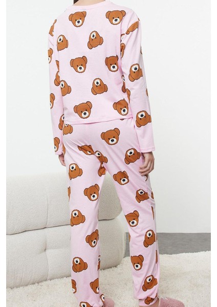 Kadın Moda Şık Bisiklet Yaka Boru Paça Uzun Kol Pamuklu Ayıcık Desenli Örme Pijama Takımı indirimleri